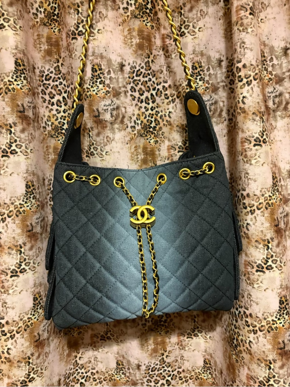 GG Inspired denim Quilted Black Shoulder Bag with Gold Hardware